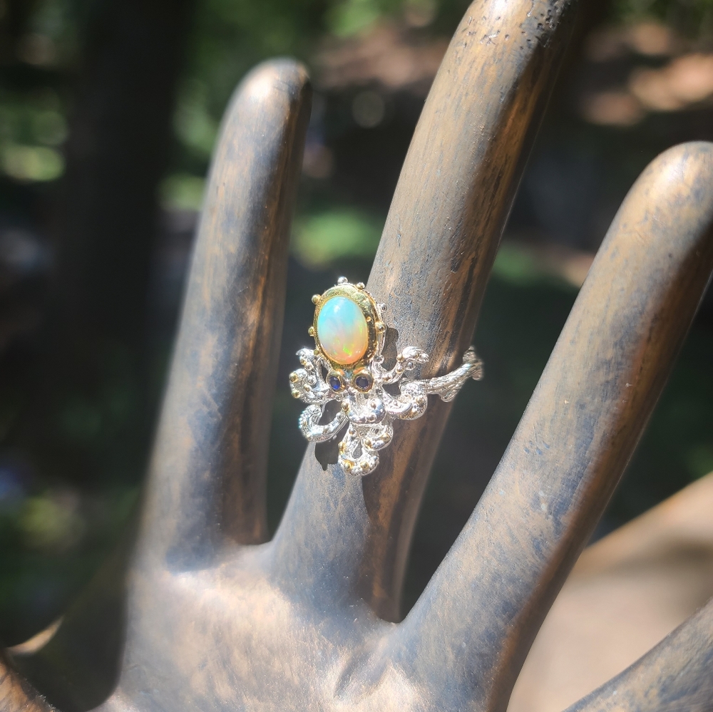 Opal & Sapphire Sterling & gold baby Octopus ๐ ring sz7.5 - Picture 7 of 7